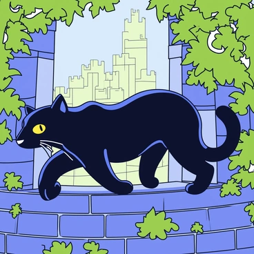 A black panther with shiny fur is crawling along the moss-covered stone walls of an ancient castle. The castle has crumbling bricks and vines intertwined around the structure. The panther's eyes are focused and alert as it moves stealthily. Sunlight filters through the dense foliage above, casting dappled shadows on the ground below.