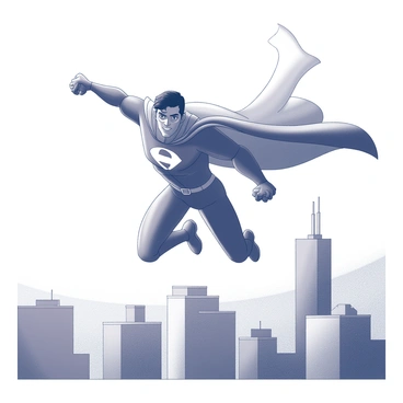 A superhero in a dynamic flying pose, showcasing a powerful stance with arms extended forward. The figure is clad in a tightly fitted costume, featuring a prominent emblem on the chest. Below, a city skyline is visible, with buildings of various heights and architectural styles, some with antennas and terraces. The superhero's cape billows dramatically behind them. The scene captures a striking sunset, with a gradient of light transitioning across the sky, creating a sense of movement and energy.