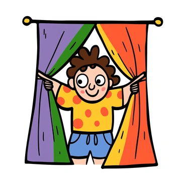 A playful character peeking from behind a curtain, with a cheeky smile and playful attire.