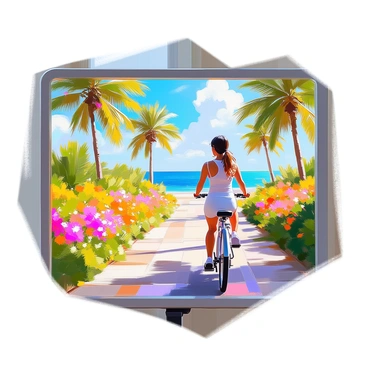A Peloton screen showcases a vibrant virtual ride through a lush tropical landscape. The scene features dense greenery with tall palm trees swaying gently in the breeze. Bright, colorful flowers dot the path, while a clear blue sky stretches above, with fluffy white clouds drifting lazily. In the distance, a sparkling ocean can be seen, merging with the horizon. The user is engaged in pedaling, with their reflection visible on the screen, fully immersed in the tropical adventure.