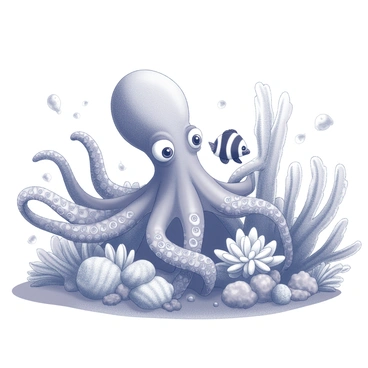 A friendly octopus with large expressive eyes is interacting with a clownfish. The octopus is nestled among intricate coral formations, featuring various shapes and textures. The clownfish is swimming close to the octopus, showcasing its striped body. Various coral structures surround them, creating a lively underwater scene with numerous intricate details. There are small fish darting in the background, adding to the dynamic composition of the coral garden.
