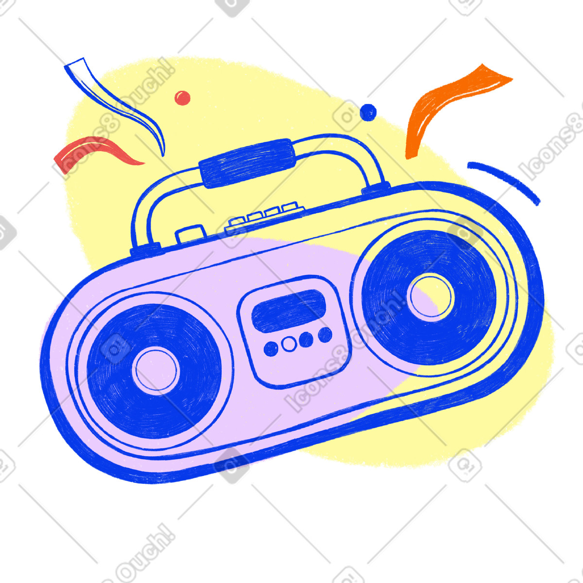 Blue tape recorder with music and confetti for the party illustration in Biro style download in PNG, SVG