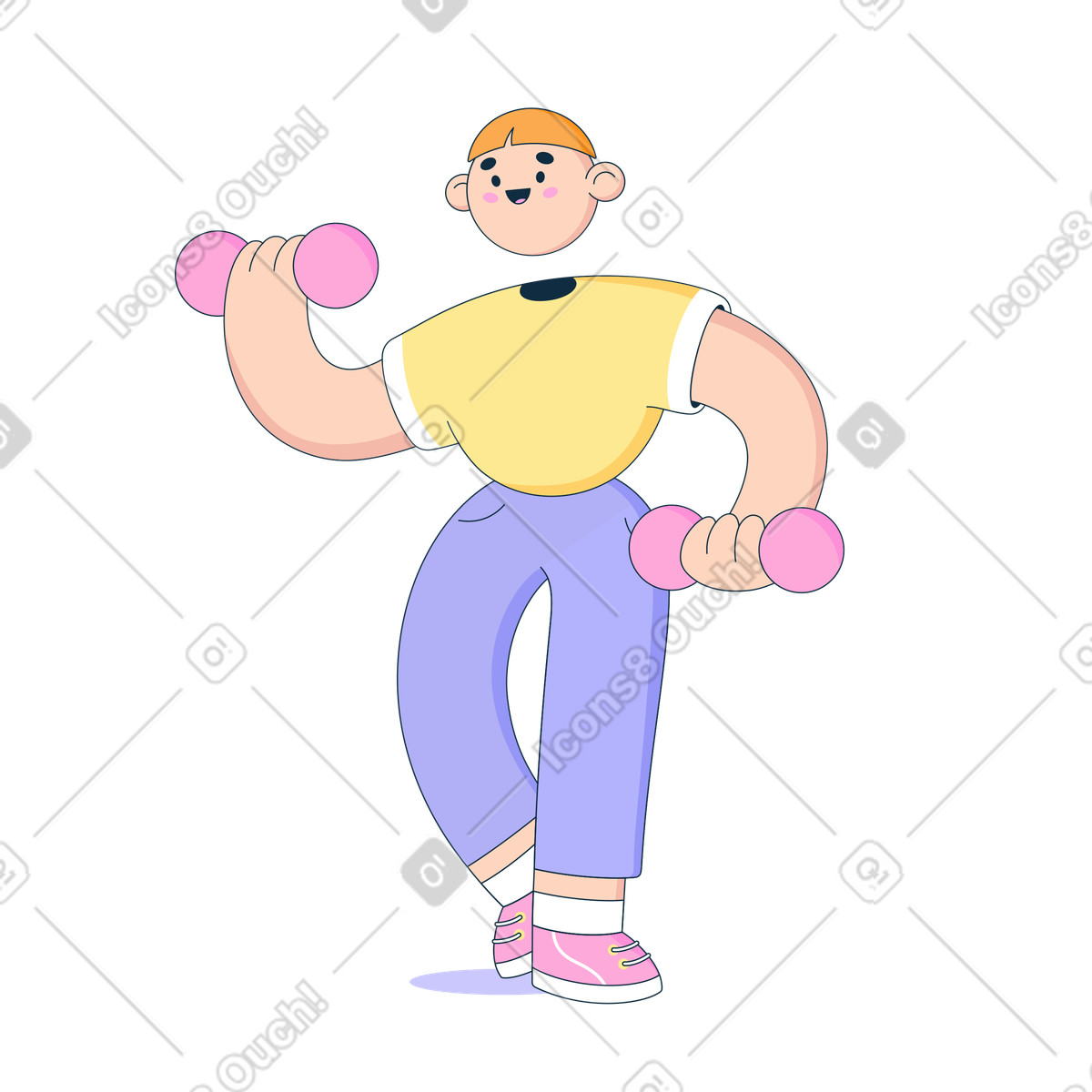 Illustration Homme heureux en t-shirt jaune soulevant des haltères dans le style Bubble gum à télécharger aux formats PNG, SVG