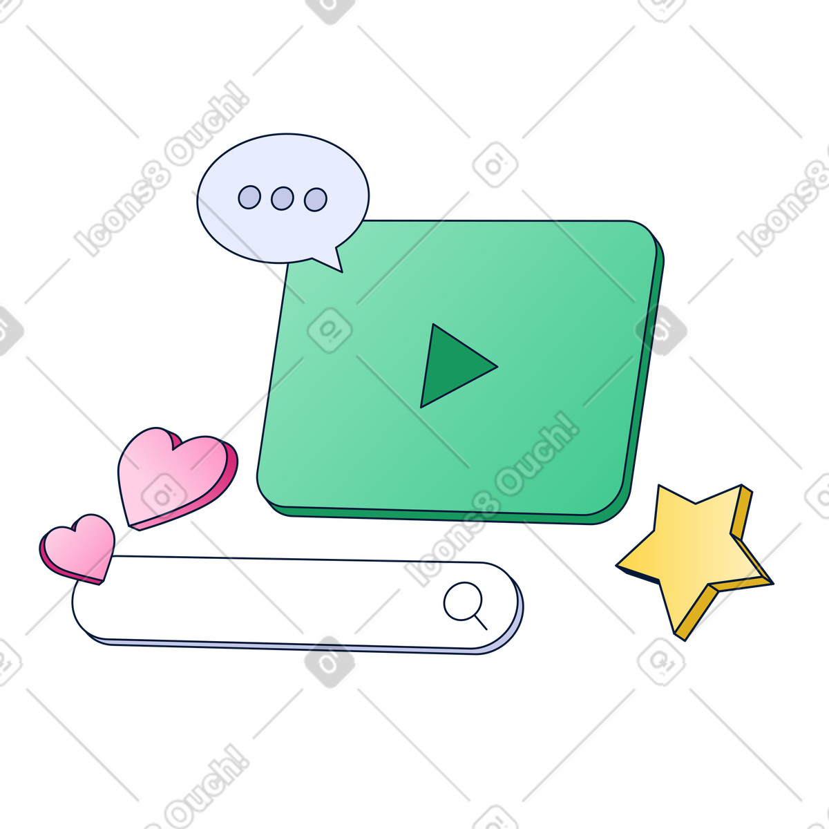 Video player with search bar and reactions, online video streaming engagement illustration in PNG, SVG