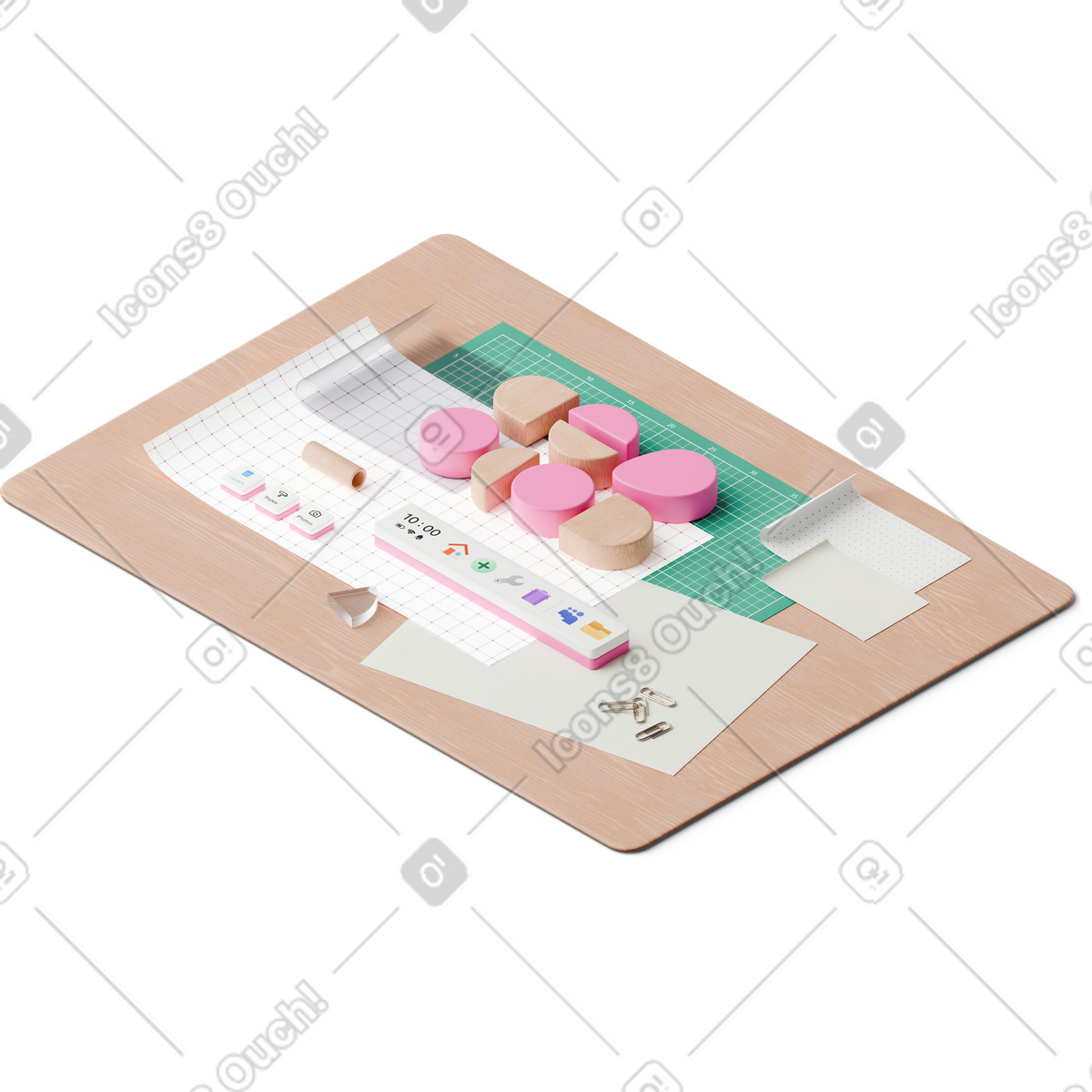 Isometric view of desk with papers and design program buttons illustration in 3D Hygge style download in PNG, SVG