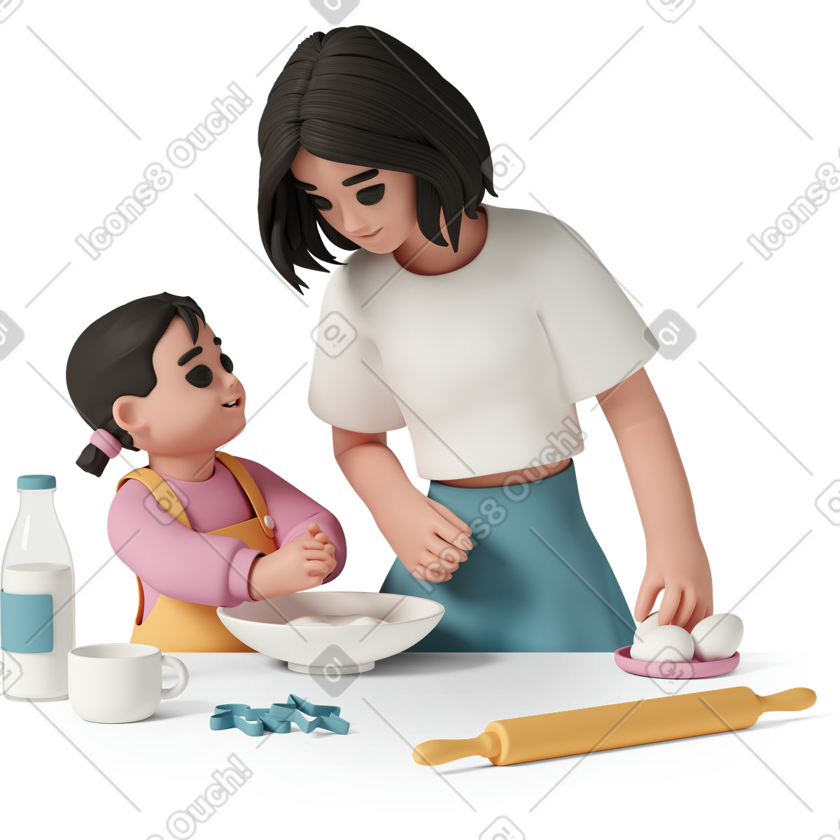 Mom and daughter at kitchen illustration in 3D Casual life style download in PNG, SVG