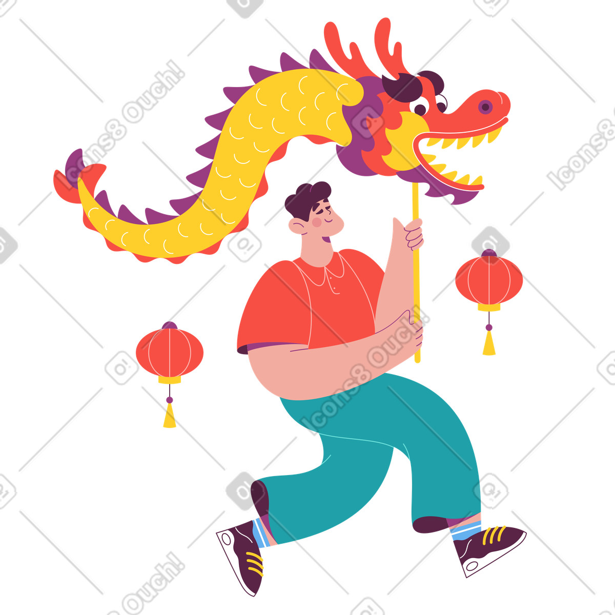 Person dancing with dragon puppet, traditional performance for spring festival illustration in Sammy style download in PNG, SVG