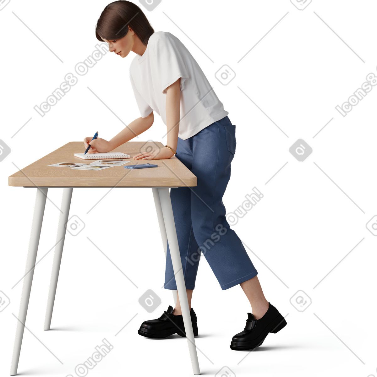 3D Hygge スタイルの テーブルにもたれて何かを書いている若い女性 のイラストをPNG、SVG形式でダウンロード