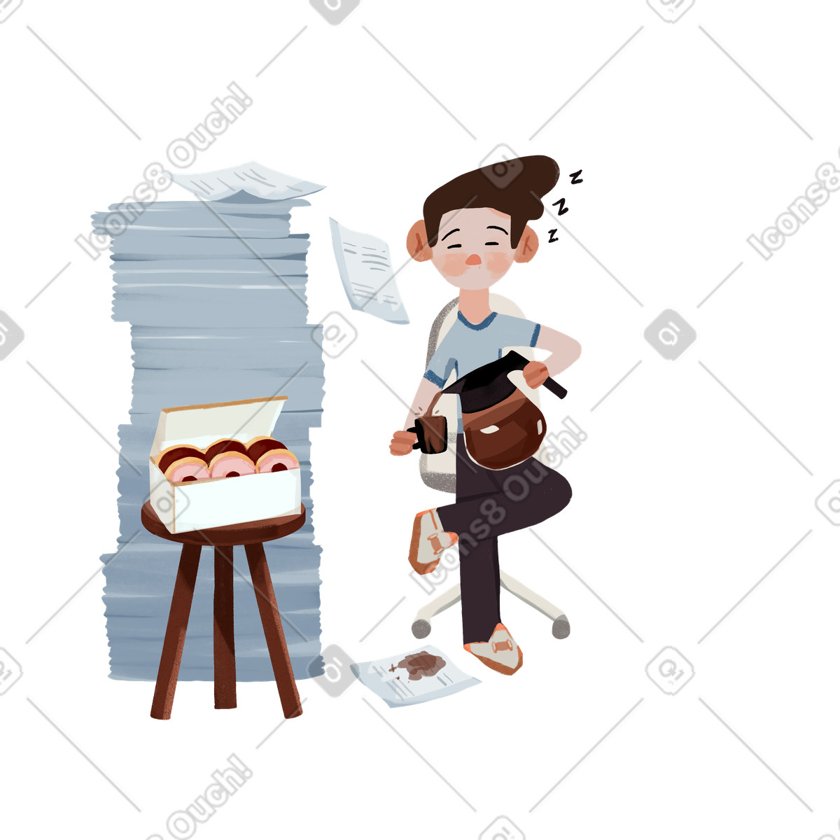 Ilustración Adicto al trabajo se queda dormido en el con café las manos estilo Ikigai a descargar PNG y SVG