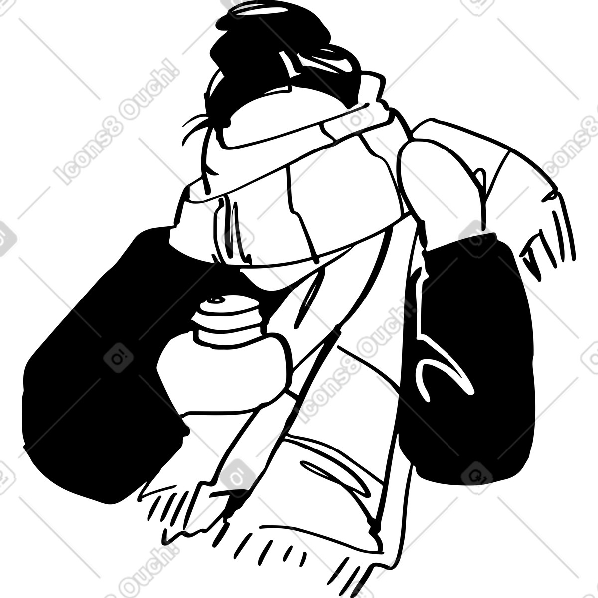 Young woman in warm clothes holding a cup of coffee illustration Line style download PNG, SVG