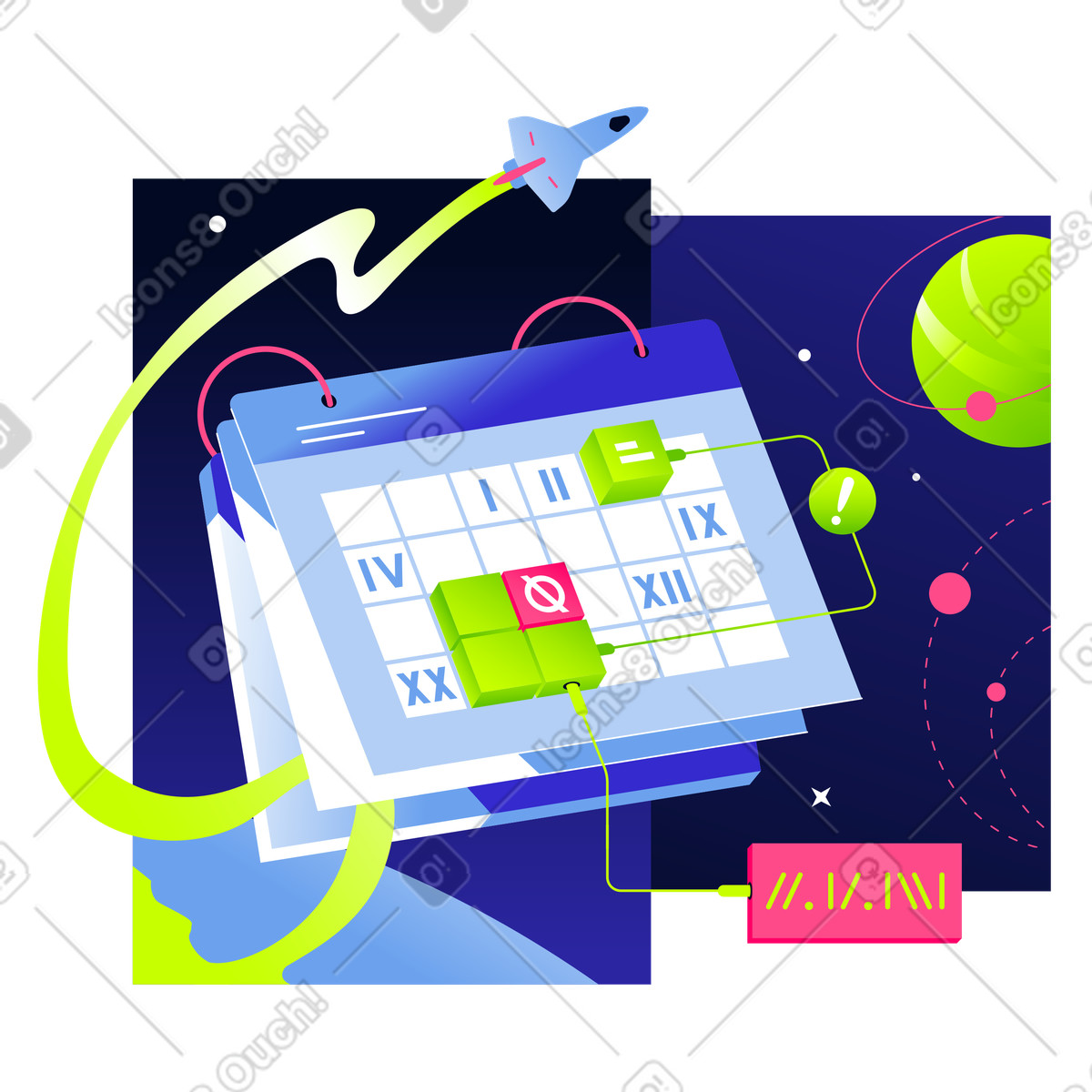 Ilustração de Foguete voando em torno de um calendário com datas e cubos no espaço com planetas e órbitas em PNG e SVG