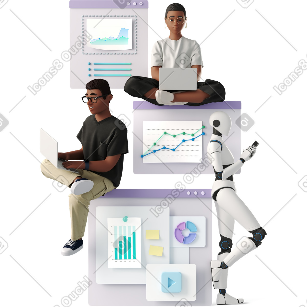 下载 3D Business 风格的 Robot collaborating with laptop developers analyzing data charts and analytics dashboards 插画，支持 PNG、SVG 格式