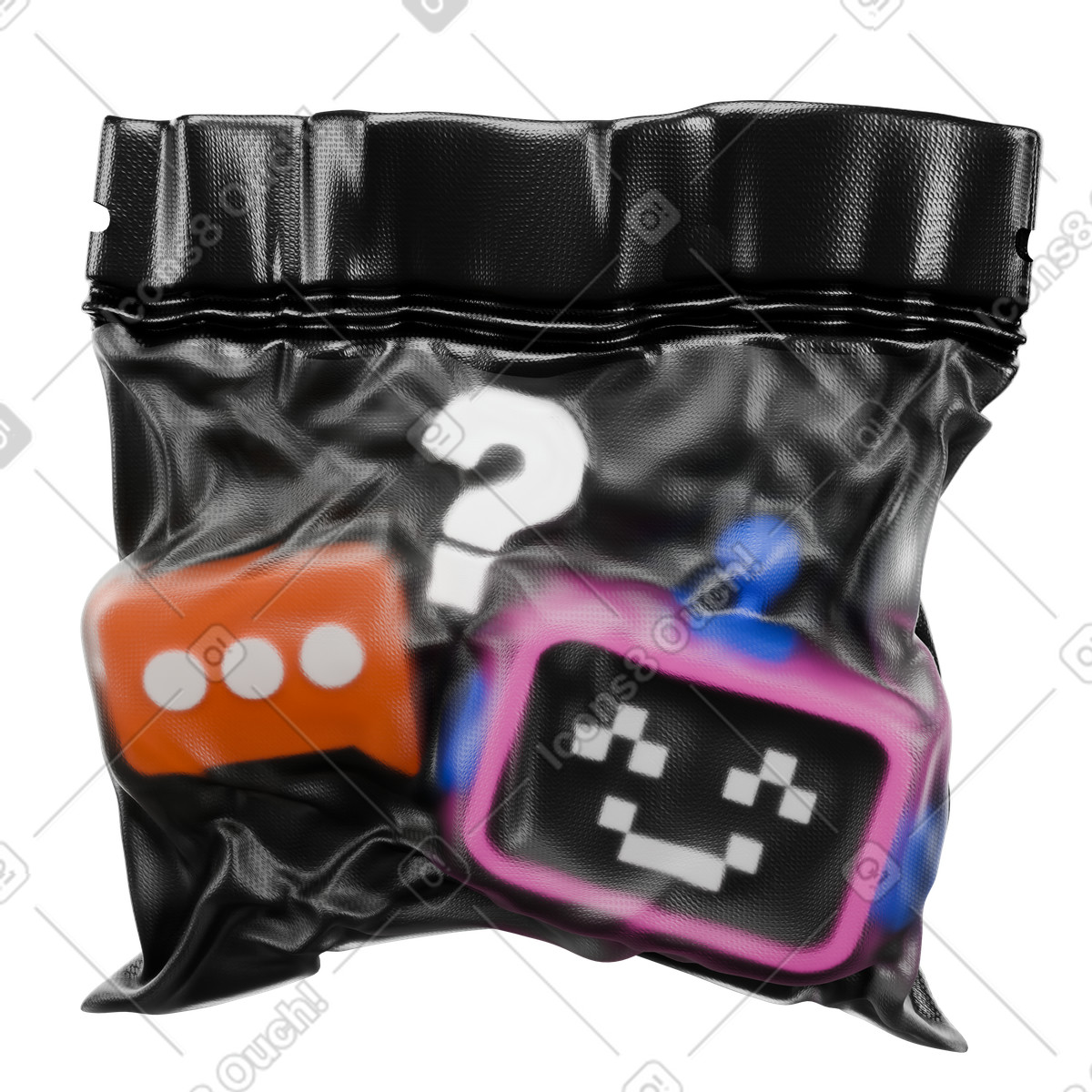 3d robot head, chat bubble and question mark in vacuum bag illustration Wrap style download PNG, SVG