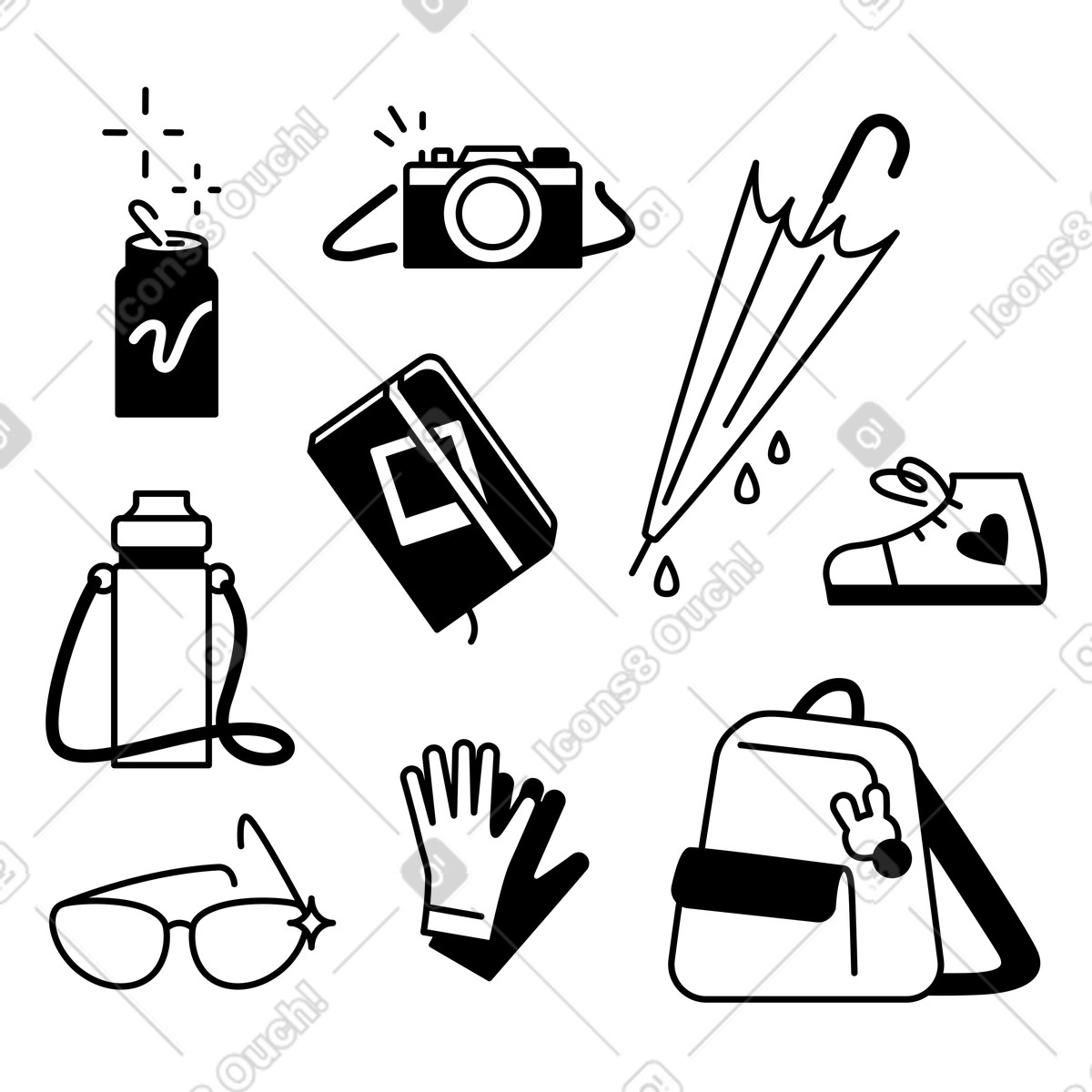 Ilustração de Travel essentials umbrella backpack camera and sneakers for rainy adventures em no estilo Notion Line Art para baixar em PNG, SVG
