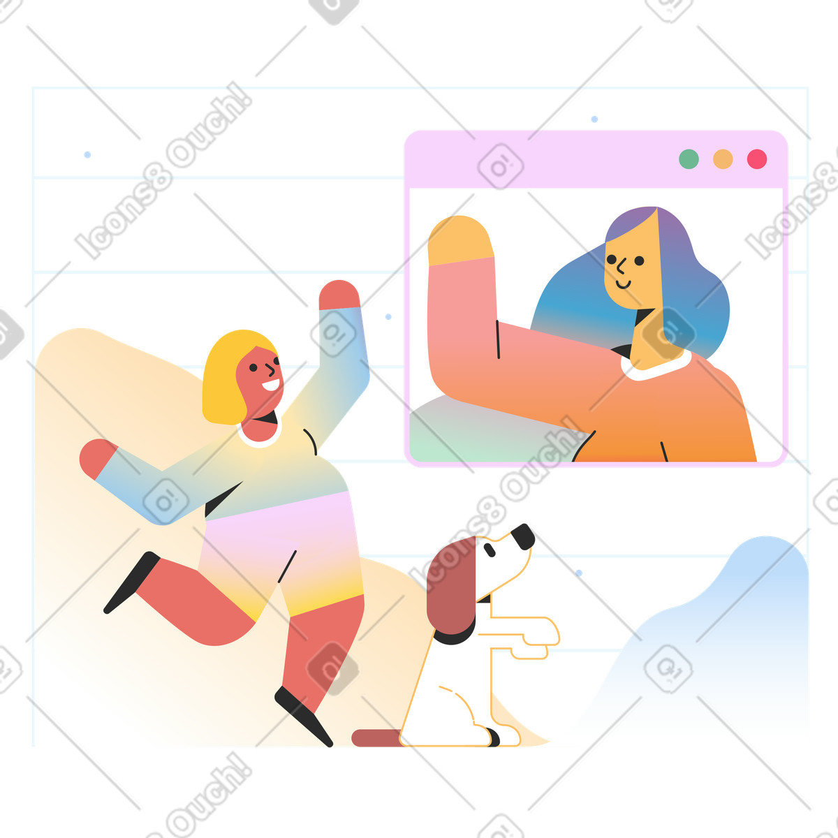 Marginalia スタイルの インターネットを介してお母さんと話している女の子 のイラストをPNG、SVG形式でダウンロード