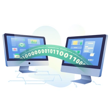 A digital bridge made of glowing "ones" and "zeroes" arches between two computer screens. The screens are sleek with black frames, both displaying vibrant blue user interfaces filled with various icons and data graphs. The bridge is composed of a flowing pattern of binary code that shimmers in a gradient of green and blue light. Below the bridge, an abstract representation of digital circuits can be faintly seen, enhancing the technological theme. The background is a soft blend of deep navy and lighter blue tones, creating a contrast that emphasizes the luminous bridge.