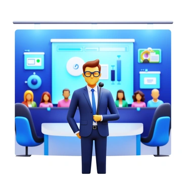 An expert in a sleek, modern conference room, confidently speaking into a microphone. The expert is wearing a professional suit and glasses, standing in front of a large screen displaying high-tech graphics and data visualizations. The lighting is bright, highlighting the expert's expression of confidence. There are several virtual attendees visible on the screen, engaged and taking notes. The overall atmosphere conveys professionalism and cutting-edge technology.