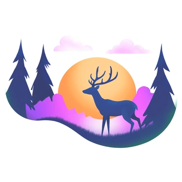 A silhouette of a deer stands gracefully in a forest. The deer is positioned to the left, with its head held high and antlers elegantly displayed. The background features tall trees with dark outlines against a vibrant sunset. The sky transitions from orange to pink, with soft clouds scattered throughout. The ground is a mix of shadows and the fading light of the day, adding depth to the scene.