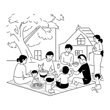 A joyful family gathering taking place in a kampung yard. A large, leafy tree provides shade for the scene. Several family members are seated on a traditional mat, sharing a meal together. A man is serving rice from a large bowl, while a woman is passing a plate of vegetables. Children are laughing and playing nearby, with one child reaching for a piece of fruit on the mat. The setting includes a rustic wooden house in the background, and there are various traditional dishes spread out for everyone to enjoy.