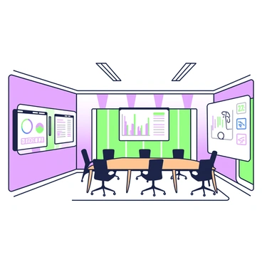 An executive briefing room features a large rectangular table made of polished wood at the center. Surrounding the table are high-backed chairs arranged neatly. On one wall, there are multiple large monitors displaying various data sets and charts. Each monitor shows colorful graphs and numerical information. The room is well-lit with recessed lights in the ceiling, and there are glass windows allowing natural light to filter in. A large whiteboard is mounted on one side, filled with notes and diagrams related to the presentation.