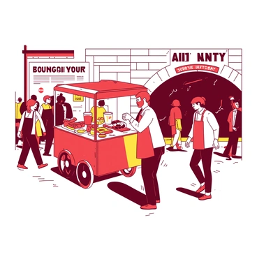 A vibrant food vendor cart is being set up near a bustling subway entrance. The cart is painted in a combination of red and yellow. The vendor, wearing an apron, is arranging various food items such as hot dogs, pretzels, and bright drinks on the cart. A crowd of people is passing by, some glancing curiously at the cart while others are hurriedly making their way into the subway. The entrance is adorned with an iconic subway sign, and the sounds of the city create a lively atmosphere.