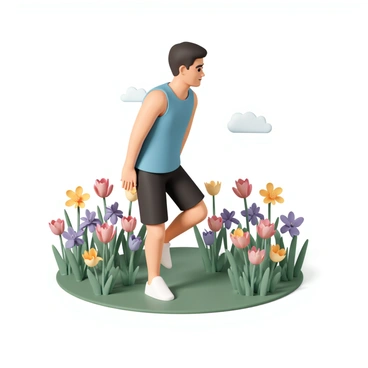 A person, wearing a blue tank top and black shorts, is performing calf raises in a blooming garden. The individual stands on the balls of their feet, elevating their heels off the ground, with arms bent at the elbows. The garden is filled with colorful flowers, including red tulips, yellow daffodils, and purple irises, all in full bloom. Lush green grass surrounds the person, and a clear blue sky is visible above, adding a vibrant atmosphere to the scene.