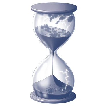 An hourglass with storm clouds swirling inside and lightning flashing