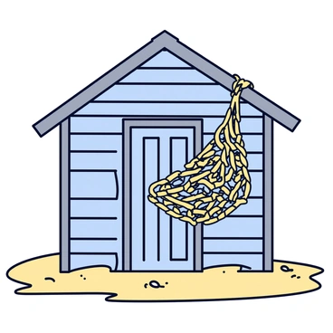 A fishing net with a tangled pattern, made of natural fibers, is hanging on the side of a rustic seaside shack. The wooden shack is weathered, featuring peeling paint in shades of blue and grey. The net is draped casually, with small shells and seaweed caught within its fibers. The background shows hints of sandy ground and soft waves lapping at the shore.