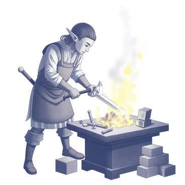 An elf blacksmith is standing at a forge, focused intently on crafting a sword. The elf has elongated ears and wears a leather apron over intricate clothing. The forge is filled with glowing embers and a crackling fire, illuminating the workspace. The blacksmith is using a hammer with precise strikes on the blade, which is partially shaped and glimmers in the light. Tools and metalworking supplies are scattered around the anvil, and there are piles of metal ingots nearby. The atmosphere conveys a sense of dedication and craftsmanship, with sparks flying as the hammer meets the metal.