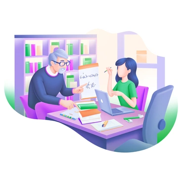A modern pastel illustration of a library scene featuring a mentor and a student engaged in a discussion. The mentor is a middle-aged individual with glasses, wearing a casual sweater, while the student is a young adult with a notepad and pencil in hand. They are seated at a large wooden table cluttered with books, papers, and a laptop. The background shows tall shelves filled with books and a warm light illuminating the workspace, creating an inviting atmosphere for learning. The mentor is pointing at a complicated equation displayed on the student's notepad, while the student listens attentively, nodding in understanding.