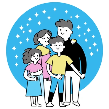 A family of four stands closely together, embracing tightly. The parents, a man wearing a dark jacket and a woman in a light scarf, hold their children, a boy wearing a faded t-shirt and a girl in a colorful dress. They are positioned in a way that conveys warmth and connection amidst their journey. Above them is a vast sky filled with numerous shining stars, twinkling brightly against a deep blue background, creating a serene atmosphere.