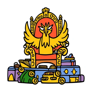 A griffon with golden feathers and sharp, piercing eyes is sitting regally on an ornate throne. The throne is embellished with intricate carvings and luxurious fabrics. Surrounding the griffon are piles of treasures including sparkling jewels, gold coins, and shimmering artifacts that catch the light. The atmosphere conveys a sense of majesty and power, highlighting the griffon's commanding presence amidst the wealth.