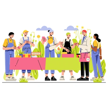 A colorful community fair scene where gardeners gather to swap a variety of seeds. Several tables are set up, adorned with small packets of seeds in vibrant colors. Each gardener, dressed in casual attire, is exchanging seeds with others, smiling and engaging in conversation. There are small wooden signs on each table displaying the names of different seed types like "Tomato," "Basil," and "Sunflower." In the background, blooming flowers and greenery create a lively atmosphere, while a bright blue sky overhead adds to the cheerful setting.