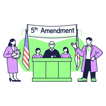 A courtroom scene is depicted, featuring a judge seated at a large bench, wearing a black robe and glasses. In front of the judge, there is a jury box occupied by several jurors, attentively listening. To the side, a lawyer stands confidently, gesturing toward the jury while holding a folder filled with documents. Above the courtroom, a banner stretches across the room, displaying the words "5th Amendment" in bold letters. The walls of the courtroom are adorned with wooden paneling, and there are two flags positioned near the judge’s bench.