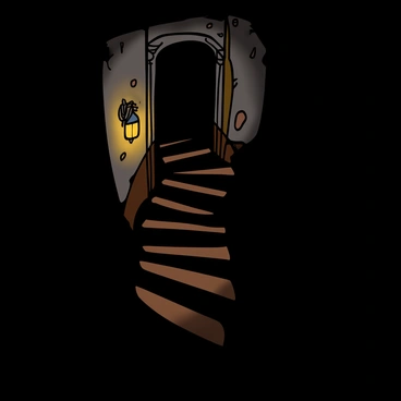 A dimly lit spiral staircase winding upwards into darkness. The staircase has worn wooden steps with a slightly glossy finish, reflecting the faint light from an ornate lamp fixed to the wall. Shadows dance along the walls, which are adorned with peeling wallpaper and intricate moldings. At the top of the staircase, a faint outline of an arched doorway suggests an unknown destination, shrouded in mystery. The atmosphere feels suspenseful and inviting, drawing the viewer's eyes upward.