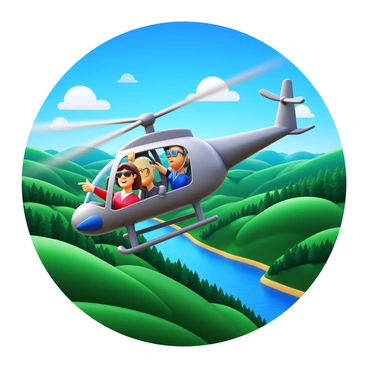 A helicopter flying over a picturesque landscape filled with rolling hills, lush green forests, and sparkling rivers. Inside the helicopter, tourists are leaning out of their seats, taking photos with their cameras. Some tourists are wearing sunglasses, and one is pointing excitedly at the view below. The sky is clear and bright blue, with a few fluffy white clouds scattered across it. The blades of the helicopter are spinning rapidly, creating a dynamic sense of movement in the scene.