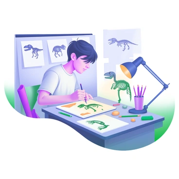 A student is sitting at a studio desk, focused on drawing a detailed skeleton of a dinosaur. The student has short, messy hair and is wearing a casual t-shirt. The desk is cluttered with art supplies, including pencils, erasers, and sheets of paper. A sketchbook lies open, displaying various dinosaur skeleton sketches. There is a small lamp illuminating the workspace, casting a warm glow. In the background, a wall is adorned with additional dinosaur illustrations and reference images, creating an inspiring atmosphere for creativity.