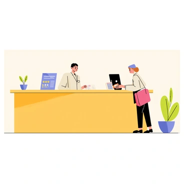 A hotel lobby featuring a large reception desk made of polished wood. Behind the desk, there is a friendly receptionist with a smile, dressed in a crisp uniform. A guest, a woman carrying a suitcase, stands at the counter while handing over her identification. To the side, there is a decorative potted plant adding a touch of green to the space. On the desk, a "rating card" is prominently displayed, featuring stars indicating customer ratings. Soft lighting illuminates the lobby, highlighting the warm color palette of beige and brown throughout the area.