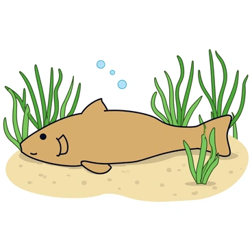 A flat flounder with light brown skin and dark spots is resting on a sandy ocean floor. The flounder is positioned horizontally, blending into its surroundings. Surrounding the flounder are strands of green seagrass, which are gently swaying in the water current. The seagrass has long, thin blades that create a vibrant contrast against the sandy background. Tiny bubbles rise from the ocean floor, adding a sense of movement to the scene. Sunlight filters down from above, casting a soft glow on the flounder and the seagrass.