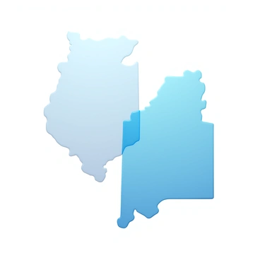 Two transparent maps, one depicting the outline of a country and the other showing the outline of a state, overlap to highlight shared territories. The country's map features distinct geographical borders, while the state's map includes prominent city markers and regional features. The overlapping area is shaded to indicate the regions that are common to both maps. Each map utilizes a subtle color scheme to differentiate them while maintaining clarity.