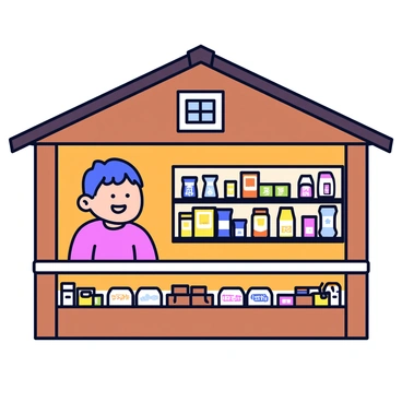 A cozy wooden hut with a sloping roof made of dark shingles. The exterior of the hut is a warm brown color, and it features small, square windows adorned with white frames. Inside, shelves are filled with a variety of colorful snacks, including bags of chips, jars of candy, and boxes of cookies, all neatly organized. A happy customer stands at the counter, smiling widely. The customer has short hair and is wearing a red shirt. The scene is well-lit, showcasing the vibrant colors of the snacks. 