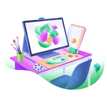 A modern digital art workstation featuring a sleek desk and a large screen. The screen displays an intricate illustration filled with vibrant colors and detailed designs. Surrounding the workstation are art supplies, including various brushes, a palette, and sketchbooks. A comfortable chair is positioned in front of the desk, inviting the user to create. The workspace is well-lit, enhancing the bright colors of the artwork on the screen.