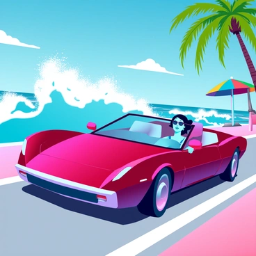 A convertible car driving along a beach road with the ocean waves crashing nearby