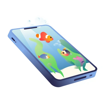 A 3D smartphone with a glossy black finish is prominently displayed, featuring a vibrant aquarium theme on its screen. The screen depicts a lively underwater scene with colorful fish, including a bright orange clownfish and a blue tang, swimming gracefully across the display. There are also swaying green seaweed and shimmering bubbles rising towards the top. The edges of the phone are sleek and modern, capturing the essence of cutting-edge technology, while a gentle blue light reflects from the screen, enhancing the aquatic atmosphere.