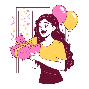 A person with a bright smile is standing in a room filled with soft, warm lighting. They are holding a beautifully wrapped gift with colorful paper and a big bow in both hands. The person's eyes are sparkling with excitement and gratitude as they look at the gift. Surrounding them are festive decorations, including streamers and balloons in the background, enhancing the cheerful atmosphere of the moment. The overall scene conveys a sense of happiness and appreciation.