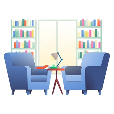 A cozy reading corner in a library features two plush, deep blue armchairs positioned around a small wooden side table. A warm, soft glow radiates from a vintage-style lamp with a beige shade, illuminating the space. On the table, there are two open books, one with a red cover and the other with a green cover. A small potted plant sits beside the books, adding a touch of greenery. The background displays tall shelves filled with various books, creating an inviting atmosphere for reading. A large window with light curtains allows soft natural light to filter in, complementing the warm ambiance.