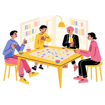 A group of four friends sitting around a square wooden table. Each friend has a focused expression as they engage in an intense board game. There are colorful game pieces scattered across the board, which is filled with various paths and challenges. On the table, two large bowls of snacks sit alongside drinks in colorful cups. Behind them, there is a cozy room with bookshelves filled with books and a warm light coming from a lamp in the corner.