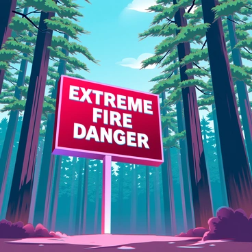 A large warning sign stands prominently at the entrance of a dense forest. The sign is bright red with bold white letters that state "EXTREME FIRE DANGER." Surrounding the sign, there are tall, green trees with thick trunks and vibrant foliage, contrasting with the urgency of the warning. The ground beneath the sign is covered with a mix of dry leaves and scattered pine needles, indicating the potential for fire hazards. A clear blue sky is visible above, with the sun casting sharp shadows from the trees around it.