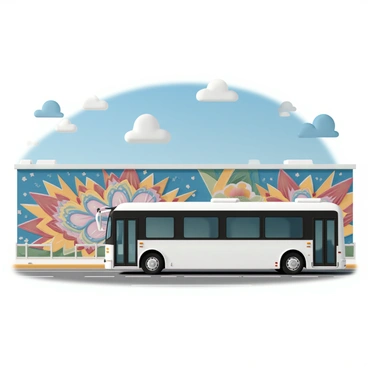 A large white bus is parked on a street, its glossy surface reflecting the vibrant colors around it. In the background, there is a large mural featuring an explosion of colors and intricate designs, showcasing various artistic styles. The mural covers an entire wall, with bright blues, reds, yellows, and greens blending together in a stunning display. The scene is set during the day, with clear blue skies overhead and a few fluffy clouds scattered in the background. The bus appears inviting, with its doors closed and windows tinted, complementing the lively atmosphere created by the mural.