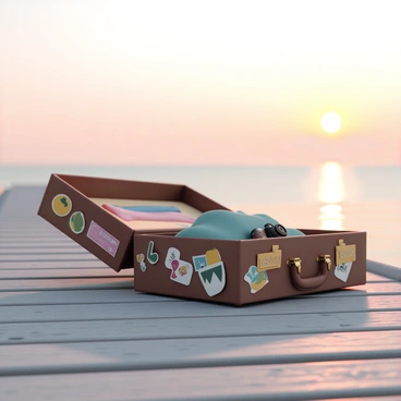 An old-fashioned suitcase, made of brown leather with brass clasps, is adorned with various colorful travel stickers from different countries. The suitcase is lying open, revealing neatly folded clothes and a vintage camera inside. It is placed on a weathered wooden dock with planks showing signs of wear. The sun is setting on the horizon, casting warm orange and pink hues across the sky, while the reflection of the sunset dances on the calm water beside the dock.